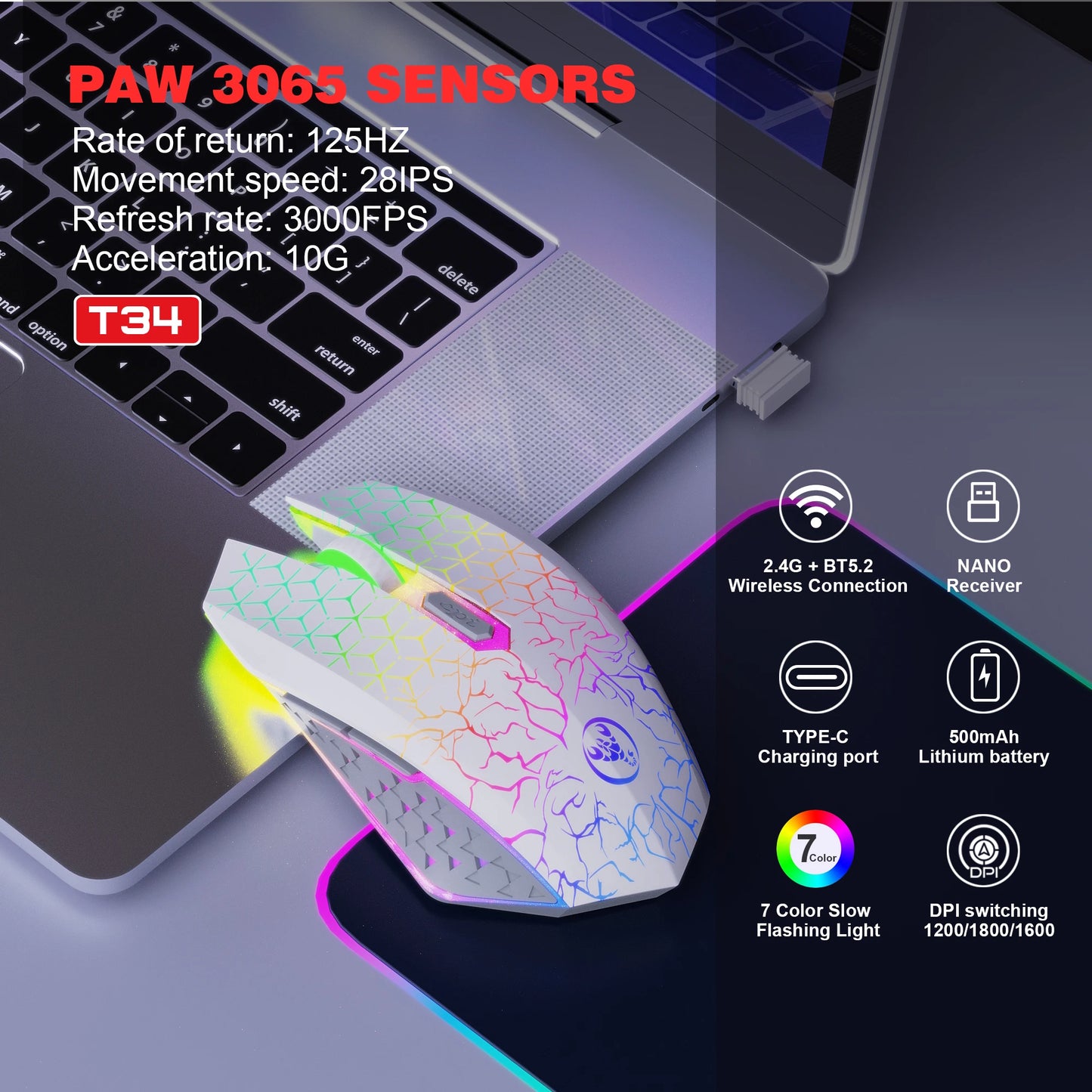Gaming Mouse Wi-Fi Bluetooth RGB